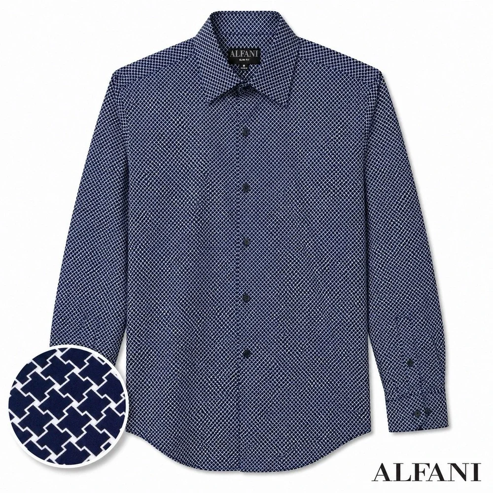 Alfani Slim Fit Men's Medium 15-15.5 32/33 Navy White Geometric Dress Shirt